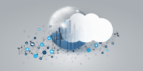 Poster - Futuristic Smart City, Cloud Computing Design Concept with 3D Polygonal Mesh, Cluster, Nodes, Icons and White Cloud - Global Digital Network Connections Between Devices, Technology Vector Background