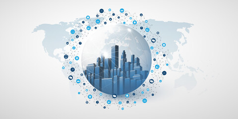 Poster - Futuristic Smart City, Cloud Computing Design Concept with Polygonal Mesh, Cluster, Nodes, Icons - Global Digital Network Connections Between Devices - Technology Vector Background