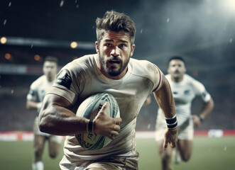 Wall Mural - Rugby player running with ball in stadium.