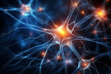 Wall Mural - neuron cells neural network under microscope neuro research science brain signal information transfe