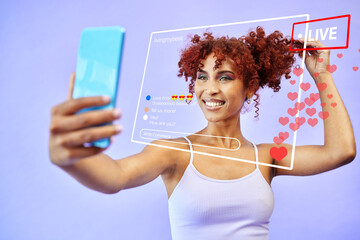 Poster - Woman, vlog and live streaming in studio with screen overlay, notification icon and happy by purple background. Gen z influencer girl, selfie recording and contact with followers on social media app