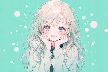 Wall Mural - Cute Beautiful Anime Girl On Soft Aqua Color Background