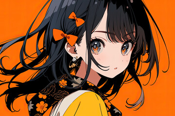 Wall Mural - Beautiful Cute Anime Girl With Black Hair On Orange Background