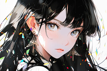 Sticker - Beautiful Cute Anime Girl With Black Hair On White Background