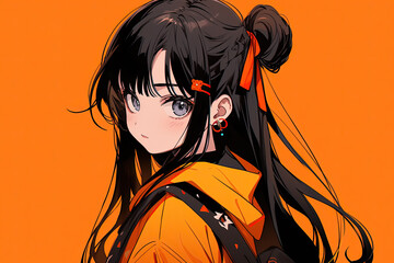 Wall Mural - Beautiful Cute Anime Girl With Black Hair On Orange Background