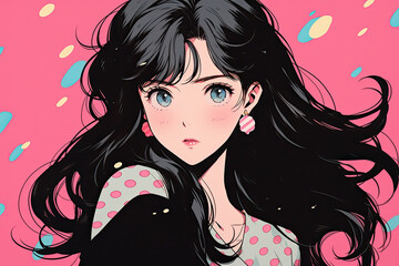 Wall Mural - Beautiful Cute Anime Girl With Black Hair On Pastel Background