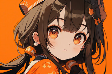 Wall Mural - Beautiful Cute Anime Girl With Brown Hair On Orange Background