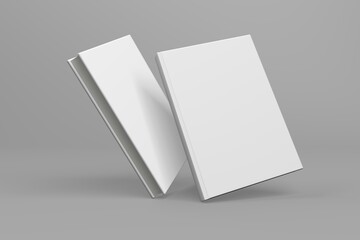 Realistic 3D book mockup illustration with 2 hard covers. Book model standing upright on isolated gray background with shadow. 2 hardcover books. Ready for you to present your design.