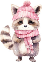 Aufkleber - Raccoon animal character in winter clothes illustration created with Generative AI technology