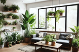 Fototapeta  - Living room interior design with wooden console, beautiful composition of plants in hipster and different pot designs, books and elegant personal accessories in home garden.