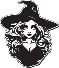 vector illustration of witch in hat Black and white vector silhouette illustration. Halloween Witch design element Halloween event