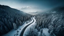 Aerial photo of a curvy road going trough the snowy mountain forest after snowfall. Space for text. Generative AI.