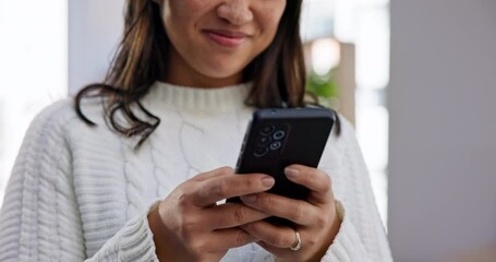 Poster - Woman, hands and typing on smartphone in home, reading social media notification and scroll on subscription app. Closeup, cellphone user and download mobile games, search digital network and contact