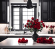 A bouquet of red rose flowers in a vase on a defocus background of a kitchen design in black and white colors
