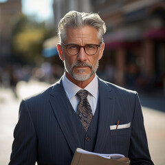 Wall Mural - man 55, dressed in 3 piece pinstripe suit, almond shaped blue eyes with black glasses, half grey hair, short hair, holding notebook and pen, small smile.