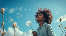 African-American Girl Holding A Flower Blowing A Dandelion, Standing In Summer Meadow, Blue Sky Background Looking At Sun, Allergy Free Concept, African Female Teenager, Photo Template With Copy Space