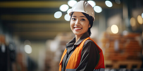 Wall Mural - Happy women engineer Asian worker female work in factory portrait smile standing arm fold confidence look