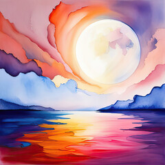 Wall Mural - beautiful abstract moon over the ocean art with copy space