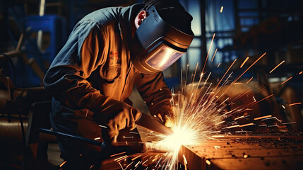 Wall Mural - Industrial worker welding metal with many sharp sparks