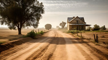 Dusty Dirt Road Leading To A Rustic Farmhouse Three Generative AI