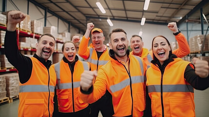 Professional warehouse worker team celebrating success in warehouse factory, Cheerful workers having fun at work, Happiness at job, Concept of success, Happy team enjoying their successful job