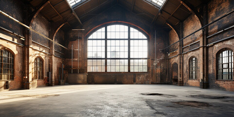 Empty large and old factory building with large windows and sunrays