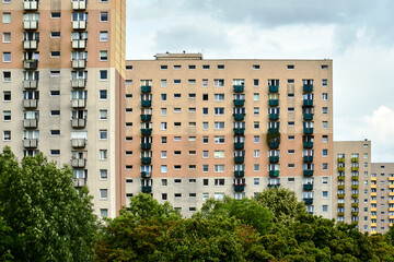 Poster - The facade  with balconies of a residential high-rise buildings in Poznan