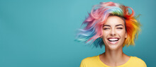 Young Beautiful Smiling Happy Woman With Rainbow Colored Wavy Hair Isolated On Flat Blue Background With Copy Space, Banner Template Of Creative Hair Coloring.