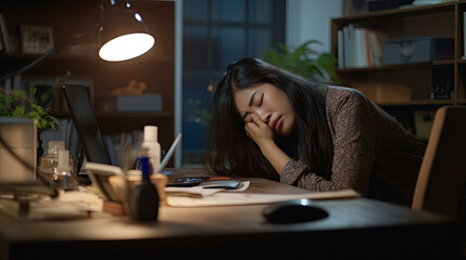 Asian young tired staff officer woman using desktop computer having overwork project overnight in office, exhausted unhappy businesswoman feeling sleepy after after working hard overtime at night.