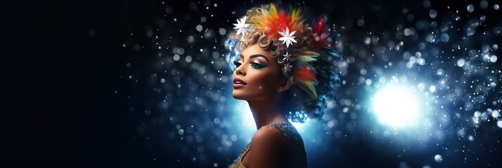 Queer Christmas: Black drag queen with colored flowers in her hair in the snow at christmas or New Year on a bokeh background