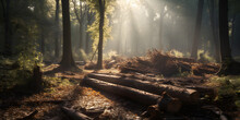 Forest With A Sunlit Clearing And Fallen Logs Generative AI