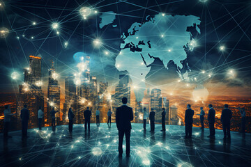 futuristic global business structure, characterized by intricate networking and interconnected nodes. It represents the evolving landscape of international business