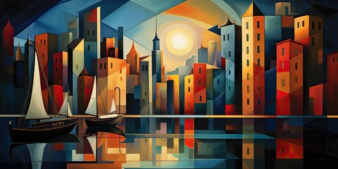 Wall Mural - AI Generated. AI Generative. Abstract geometric shapes city town buildings architecture cityscape background street. Graphic Art