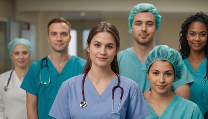 Wall Mural - Nursing student standing with her team in hospital, dressed in scrubs, Doctor intern