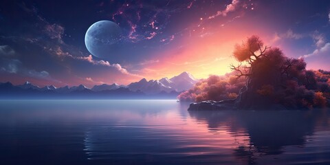 Wall Mural - AI Generated. AI Generative. Chill relax inner peace calm nature outdoor landscape background. Mountains river lake tree moon landmark view. Graphic Art