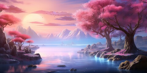 Wall Mural - AI Generated. AI Generative. Chill relax inner peace calm nature outdoor landscape background. Mountains river lake tree moon landmark view. Graphic Art