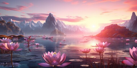 Wall Mural - AI Generated. AI Generative. Chill relax inner peace calm nature outdoor landscape background. Mountains river lake tree moon landmark view. Can be used for meditation inspiration playlist