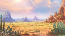 Desert And Cactus Background In Anime Illustration Style, 4K Animation