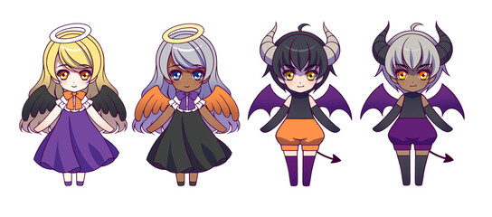 Poster - Anime style angel girls and devil boys character Halloween Collar illustration set