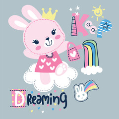 Wall Mural - Cute rabbit wearing the crown sitting on the cloud watering with rainbow and text 