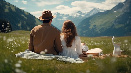 A young couple deeply in love, enjoying a picnic while visiting the picturesque Alps Dolomites. The boyfriend and girlfriend are seated, gazing out at the stunning and lush green meadow landscape.