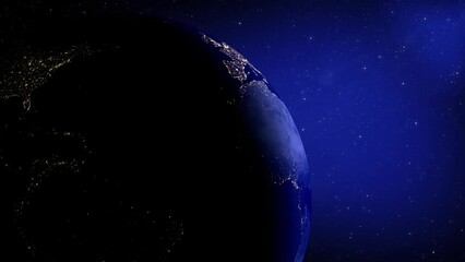 Wall Mural - Nighttime view of Earth from space with city lights illuminating the dark side, against a starry background.