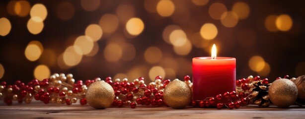 Christmas burning red candle and christmas decorations on wooden background, Christmas day horizontal greeting and invatation banner with copy space for advertisement