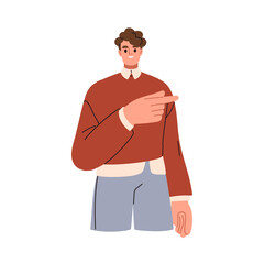 Aufkleber - Man pointing aside with finger. Young businessman presenting something with hand gesture. Business person showing, advertising, promoting. Flat vector illustration isolated on white background
