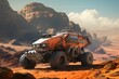 An explorer vehicle in mountainous desert terrain. Generative AI