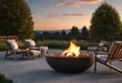 illustration of a modern outdoor patio featuring a concrete fire pit