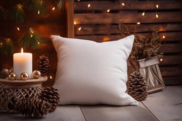 Wall Mural - White pillow on a background of Christmas lights for mockups. The candle is burning. Blurred rustic background.