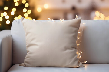 Wall Mural - White pillow on a sofa background with Christmas lights for mockups. Cozy winter interior.