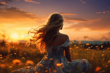 Poster - Beautiful woman relax on grass field flower on sunset sky 