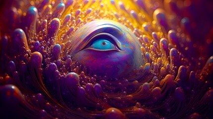 Wall Mural - Gorgeous, luminous blue pearl in luxurious gold, purple fluids blend. Fantastical planet emerging from interplay of motion, liquid, beauty. Creative, enchanting backdrop for science, esoteric.